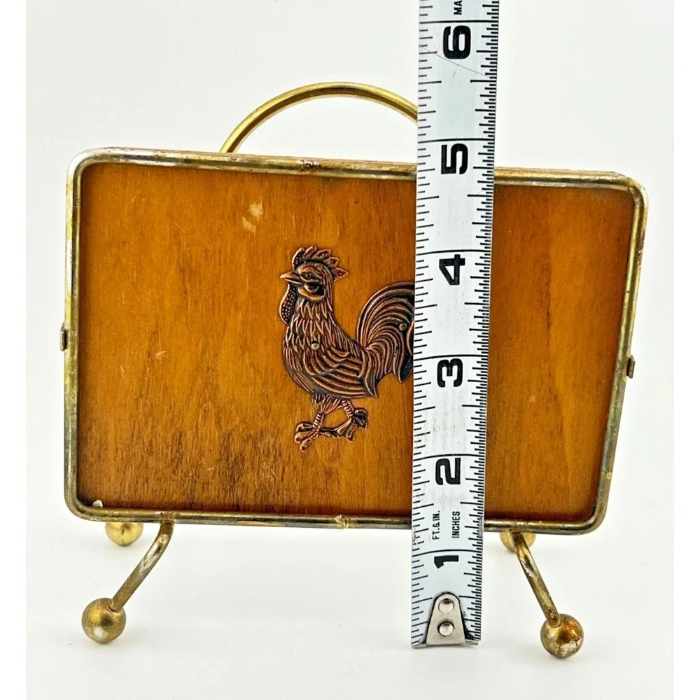 Vtg Victor Goldman Rooster Napkin Holder Wood Brass MCM Country Farmhouse Retro